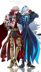 Rule 34 | 2boys, arm around neck, arm tattoo, armlet, armor, armored boots, ascot, belt, black belt, black pants, black shoes, blonde hair, blue coat, blue gloves, blue hair, boots, braid, brooch, chalice, character name, chest tattoo, coat, coat partially removed, collarbone, commentary, copyright name, cup, deeznut19205268, drinking, drinking glass, english commentary, facial tattoo, frilled sleeves, frills, gaiters, gauntlets, genshin impact, gloves, gold armlet, gold necklace, gold trim, gradient hair, hair ornament, highres, holding, holding cup, honkai: star rail, honkai (series), jewelry, lapels, long hair, long sleeves, looking to the side, low-tied long hair, male focus, medium hair, mihoyo, multicolored hair, multiple boys, mydei (honkai: star rail), neck tattoo, necklace, neuvillette (genshin impact), open mouth, pants, red coat, red hair, shoes, shoulder tattoo, side braid, simple background, single braid, sleeve cuffs, standing, streaked hair, sweatdrop, tattoo, thighhigh gaiters, thighhighs, very long hair, watermark, white ascot, white background, white hair