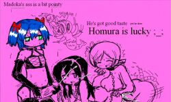 1girl 3futa akemi_homura all_fours anal_beads artist_request blue_hair boots bow breasts bury_pink_gril chain chain_leash chained collar color_switch cum cum_in_pussy cum_on_body drill_hair english_text facial fishnet_top fishnets flat_chest futa_with_female futanari gloves green_eyes hair_bow hairband kaname_madoka large_areolae large_breasts large_penis latex latex_boots latex_gloves leash lingerie mahou_shoujo_madoka_magica mahou_shoujo_madoka_magica_(anime) multiple_futa nipples penis penis_out sakura_kyoko sex sex_from_behind sex_toy standing tomoe_mami tongue tongue_out twintails underwear veins veiny_penis