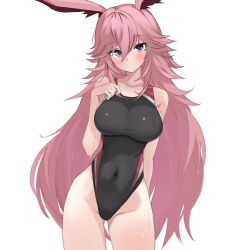 Rule 34 | 1girl, animal ears, black one-piece swimsuit, blush, breasts, commentary, covered navel, cowboy shot, fox ears, fox girl, highres, honkai (series), honkai impact 3rd, large breasts, long hair, looking at viewer, one-piece swimsuit, pink hair, purple eyes, samate, simple background, solo, swimsuit, thighs, very long hair, white background, yae sakura