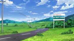 atmospheric_perspective blue_sky bush cloud cloudy_sky day english_text forest grass highres mountainous_horizon nature no_humans non-web_source official_art our_life:_beginnings_and_always outdoors power_lines scenery sign sky tree
