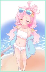 1girl absurdres axe bikini blue-tinted_eyewear blue_archive blue_eyes breasts commentary_request cosplay eyewear_on_head frilled_bikini frills hair_bun hair_ornament heterochromia highres holding holding_axe hoshino_(blue_archive) hoshino_(swimsuit)_(blue_archive) ks_aya_(gztm4838) loli long_hair midriff official_alternate_costume orange_eyes pink_hair piper_wheel piper_wheel_(cosplay) small_breasts solo sunglasses swimsuit tinted_eyewear trait_connection white_bikini zenless_zone_zero