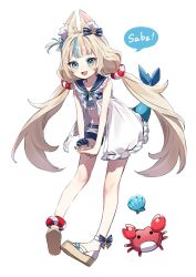1girl :d ahoge animal_ear_fluff animal_ears bare_arms bikini bikini_under_clothes blonde_hair blue_eyes blue_hair blue_neckerchief blue_sailor_collar blush bow cat_ears character_name collar colored_speech_bubble commentary crab dress fang fins fish_girl fish_tail frilled_bikini frilled_dress frills full_body hair_bow ika_esu indie_virtual_youtuber interlocked_fingers kaniki_(sameko_saba) leaning_forward lifebuoy_hair_ornament long_hair looking_at_viewer low_twintails multicolored_hair navel neckerchief one_side_up open_mouth platform_sandals sailor_collar sameko_saba sandals scrunchie seashell shell shorts simple_background sleeveless sleeveless_dress smile speech_bubble streaked_hair swimsuit tail tongue twintails unbuttoned very_long_hair virtual_youtuber white_background white_dress white_shorts wrist_scrunchie