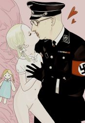 1boy 1girl absurdres age_difference blonde_hair butaneko_(butaneko_hanten) cleft_of_venus closed_eyes clothed_male_nude_female doll glasses grabbing_another&#039;s_breast groping hair_ribbon hat heinrich_luitpold_himmler hetero highres kiss loli military military_hat military_uniform nazi nude pussy ribbon schutzstaffel soldier swastika uncensored vest what