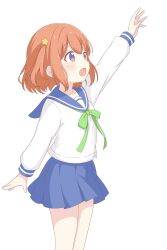 1girl blue_sailor_collar blue_skirt collarbone feet_out_of_frame female_focus hair_between_eyes hair_ornament highres koisuru_asteroid konohata_mira legs long_sleeves mmiirrraa multicolored_eyes open_mouth orange_hair reaching ribbon sailor_collar school_uniform serafuku shirt short_hair skirt solo standing star_(symbol) star_hair_ornament white_background