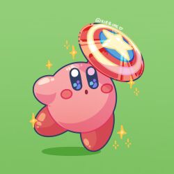 1boy aimaay artist_name blush captain_america:_brave_new_world commentary english_commentary green_background highres holding holding_shield kirby kirby_(series) marvel marvel_rivals nintendo shadow shield solo star_(symbol)