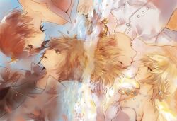 2boys 2girls aether_(genshin_impact) blonde_hair blue_shirt breasts brown_hair closed_eyes dress genshin_impact gloves grey_shirt hair_between_eyes half-closed_eyes hand_on_own_chest jacket kairi_(kingdom_hearts) kingdom_hearts kingdom_hearts_ii looking_at_another medium_breasts medium_hair multiple_boys multiple_girls namine parted_lips pink_dress red_hair roxas sera_(serappi) shirt shirt_under_shirt short_hair spiked_hair strapless strapless_dress white_dress white_gloves white_jacket