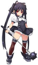 1girl animal_ear_fluff animal_ears black_dress black_hair black_ribbon black_shoes breasts brown_thighhighs cat_ears closed_mouth covered_navel dress full_body hair_ribbon highres holding holding_weapon karukan_(monjya) kooh long_hair looking_at_viewer mace pangya panties parted_bangs puffy_short_sleeves puffy_sleeves red_eyes ribbon shirt shoes short_sleeves simple_background sleeveless sleeveless_dress small_breasts solo standing striped_clothes striped_panties thighhighs twintails underwear very_long_hair weapon white_background white_shirt