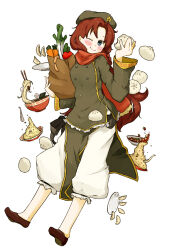 1girl amonitto bag steamed_bun blue_eyes blush carrot chinese_clothes cucumber dumpling food fried_rice grocery_bag hat holding holding_bag holding_food hong_meiling jacket jiaozi kamaboko long_hair long_sleeves narutomaki noodles one_eye_closed pants paper_bag parted_bangs plate ramen red_hair scarf shoes shopping_bag smile solo spring_onion touhou very_long_hair
