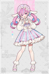 1girl absurdres alternate_costume anchor_print animal_ears blue_hair blue_skirt blush bonnet bow bowtie colored_inner_hair commentary_request drill_hair english_text fake_animal_ears full_body grey_background heart heart_hands highres hololive long_sleeves looking_at_viewer minato_aqua multicolored_hair open_mouth pink_background pink_eyes pink_hair pink_shoes pink_skirt shirt shoes skirt smile socks solo twin_drills two-tone_background two-tone_hair two-tone_skirt virtual_youtuber waka_(wk4444) watermark white_bow white_bowtie white_shirt white_socks