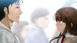 Rule 34 | 1boy, 1girl, adam&#039;s apple, beard stubble, black hair, blurry, blurry background, blush, brown hair, brown jacket, brown pants, clenched teeth, coat, collarbone, collared shirt, crying, crying with eyes open, eye contact, facial hair, floating hair, from side, game cg, grey eyes, grin, hair between eyes, hair over shoulder, highres, huke, jacket, jacket partially removed, lab coat, long hair, long sleeves, looking at another, makise kurisu, messy hair, motion blur, necktie, official art, okabe rintarou, outdoors, pants, purple eyes, purple trim, realization, red necktie, ringed eyes, shirt, smile, square pupils, steins;gate, stubble, surprised, t-shirt, tearing up, tears, teeth, white coat, white shirt