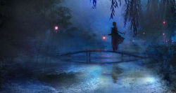 00 bamboo bamboo_forest blue_theme blurry braid bridge dark depth_of_field forest highres lantern long_hair low-tied_long_hair nature night night_sky original paper_lantern reflection ripples scenery see-through_clothes see-through_silhouette silhouette single_braid sky solo star_(sky) stream tanabata walking water