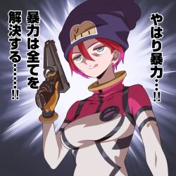 1girl :q amate_yuzuriha aqua_eyes bodysuit breasts earrings finger_on_trigger gun gundam gundam_gquuuuuux handgun hat highres holding holding_gun holding_weapon jewelry keuma mecha_pilot_suit multicolored_bodysuit normal_suit_(gundam) red_hair science_fiction short_hair smile solo tongue tongue_out upper_body weapon