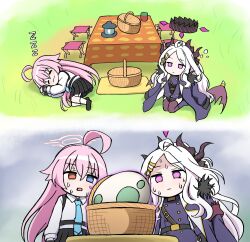 2girls ahoge black_gloves black_halo black_skirt black_thighhighs blue_archive blush coat coat_on_shoulders egg gloves halo heterochromia highres hina_(blue_archive) hoshino_(blue_archive) long_hair multiple_girls nichika_(nitikapo) nintendo outdoors pink_hair pink_halo pokemon purple_eyes school_uniform sitting skirt sleeping table thighhighs white_hair zzz