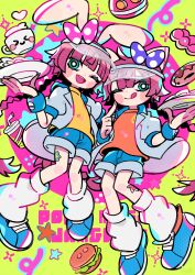 2girls ;p animal_ears aqua_eyes bemani blue_shoes blue_shorts bow braid brown_hair burger cat_ears cat_girl coat colorful commentary_request cup donut food furry furry_female highres keijou_(cave) long_hair looking_at_viewer loose_socks low_twin_braids mimi_(pop&#039;n_music) multiple_girls nyami_(pop&#039;n_music) one_eye_closed open_clothes open_coat orange_shirt polka_dot polka_dot_bow pon_de_ring pon_de_strawberry pop&#039;n_music rabbit_ears rabbit_girl shirt shoes shorts sneakers socks sticker_on_leg tongue tongue_out twin_braids very_long_hair visor_cap white_coat white_socks yellow_shirt