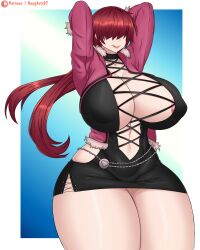 1girl areola_slip breasts charliess27 cleavage cleavage_cutout clothing_cutout curvy d_ramaarts27 dougarts27 dress female_focus fishnets heart huge_breasts licking_lips long_hair nipple_slip nipples no_bra pale_skin ponytail red_hair shermie_(kof) shiny_skin skirt the_king_of_fighters thick_thighs thighs tight_clothes tongue tongue_out wide_hips