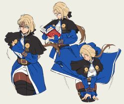 1girl absurdres belt blonde_hair blue_dress boots breasts brown_belt dress genderswap genderswap_(mtf) goeniko goenitz habit highres large_breasts long_hair long_sleeves looking_at_viewer mergeritter ponytail pretty_goenitz slit_pupils smile snk solo the_king_of_fighters the_king_of_fighters_all-stars