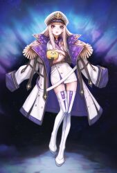 1girl absurdres amanogawa_shiina belt blonde_hair blue_eyes boots coat coat_on_shoulders colored_inner_hair dress epaulettes hat highres holding holding_stuffed_toy lips long_hair multicolored_hair parted_lips peaked_cap phase_connect purple_coat purple_hair sad_bee_(amanogawa_shiina) solo star_(symbol) stuffed_toy teonanix thigh_boots thighhighs virtual_youtuber white_boots white_dress white_hat zettai_ryouiki