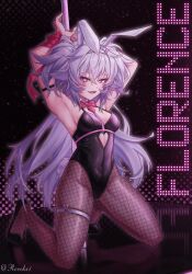 1girl alternate_eye_color animal_ear_hairband animal_ears arm_ribbon artist_name black_leotard black_pantyhose black_shoes breasts character_name commentary cosplay english_commentary fake_animal_ears fishnet_pantyhose fishnets florence_(girls&#039;_frontline_2) full_body girls&#039;_frontline girls&#039;_frontline_2:_exilium hairband hatsune_miku hatsune_miku_(cosplay) heart heart-shaped_pupils high_heels highres kneeling leotard long_hair looking_at_viewer nontraditional_playboy_bunny open_mouth pa-15_(girls&#039;_frontline) pantyhose playboy_bunny pole rabbit_ears rabbit_hole_(vocaloid) red_ribbon revok ribbon shoes smile solo symbol-shaped_pupils thigh_strap twitter_username vocaloid white_hair