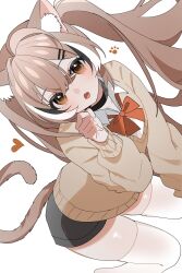 1girl alternate_costume animal_ears black_collar black_shorts blush brown_eyes brown_hair brown_sweater cat_ears cat_girl cat_tail collar collared_shirt fang hair_ornament hairclip hana20000920 heart highres hololive hololive_english looking_at_viewer multicolored_hair nanashi_mumei paw_pose paw_print red_ribbon ribbon school_uniform shirt shorts skin_fang streaked_hair sweater tail thighhighs twintails virtual_youtuber white_shirt white_thighhighs
