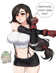 1girl artist_name bare_shoulders black_hair black_skirt blush blushyspicy breasts commentary covered_erect_nipples crop_top earrings elbow_gloves english_commentary final_fantasy final_fantasy_vii fingerless_gloves gloves highres jewelry large_breasts long_hair looking_at_viewer low-tied_long_hair midriff navel red_eyes revision skirt solo speech_bubble suspenders tank_top tifa_lockhart tonberry