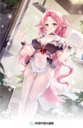 Rule 34 | 1girl, against glass, ahoge, animal ears, apron, black bow, black choker, black wrist cuffs, blush, bow, breasts, check copyright, chinese commentary, choker, cleavage, commentary request, copyright request, covered navel, fox ears, fox girl, fox tail, frilled wrist cuffs, frills, garter straps, green eyes, guzangnanfeng, hair ornament, hairclip, highres, holding, indie virtual youtuber, indoors, large breasts, long hair, looking at viewer, maid, open mouth, parted bangs, pink hair, pink tail, plant, potted plant, see-through apron, see-through clothes, solo, tail, thighhighs, very long hair, virtual youtuber, wet, wet clothes, white garter straps, white thighhighs, wrist cuffs