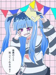 1girl amemiya_darumi blue_hair collarbone crown crying crying_with_eyes_open face_piercing highres japanese_text lip_piercing long_hair makeup open_mouth paper_crown piercing pink_eyes runny_makeup safety_pin simple_background solo solo_focus speech_bubble tears teeth the_hundred_line_-last_defense_academy- translation_request twintails upper_teeth_only