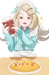 Rule 34 | 1girl, :d, absurdres, alternate costume, apron, aqua bow, aqua jacket, bandaid, bandaid on finger, bottle, bow, commentary request, dim crescendo, earrings, enmaided, equation, fermat&#039;s last theorem, flipped hair, food, food writing, frilled apron, frills, gakuen idolmaster, hair ornament, hairclip, hands up, headdress, heart, heart earrings, highres, holding, holding bottle, idolmaster, jacket, jersey maid, jewelry, ketchup, ketchup bottle, light blush, long hair, long sleeves, looking down, maid, maid apron, maid headdress, math, omelet, omurice, open mouth, parallel hairclips, plate, shinosawa hiro, signature, simple background, sleeves past wrists, smile, solo, sparkle, striped clothes, striped jacket, stud earrings, table, tenshi kaiwai, track jacket, unconventional maid, upper body, vertical-striped clothes, vertical-striped jacket, waist apron, watermark, watermark grid, white apron, white background, white headdress, zipper, zipper pull tab