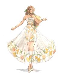 1girl aerith_gainsborough aerith_gainsborough_(citric_dress) armlet bare_shoulders bracelet breasts brown_hair choker closed_mouth dress earrings final_fantasy final_fantasy_vii final_fantasy_vii_ever_crisis food-themed_earrings food_print food_themed_earrings fruit_print full_body green_eyes green_ribbon grey_choker hair_ribbon half_updo highres jewelry long_dress medium_breasts official_alternate_costume orange-shaped_earrings orange-shaped_ornament orange_print papermint_tea parted_bangs print_dress ribbon see-through_clothes see-through_skirt sidelocks skirt smile solo standing strapless strapless_dress toeless_footwear white_background wristband