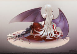 1girl 3d bare_shoulders bat_wings black_thighhighs blonde_hair blood blood_on_clothes breasts dress elbow_gloves feet female_focus from_behind full_body gloves hair_ribbon high_heels highres kiss-shot_acerola-orion_heart-under-blade kizumonogatari large_breasts leslyzerosix lips long_hair monogatari_(series) oshino_shinobu pointy_ears red_dress ribbon shoes single_shoe soles solo strapless thighhighs toes torn_clothes torn_thighhighs vampire very_long_hair white_gloves white_shoes wings