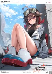 1girl ahoge bare_legs bare_shoulders brown_hair colored_shoe_soles commentary commentary_request commission edajima_denki english_commentary goggles goggles_on_head hair_flaps hair_ribbon highres jacket knees long_hair looking_at_viewer low_twintails multicolored_hair on_floor original red_hair red_ribbon ribbon shoes sitting skeb_commission solo streaked_hair sweat twintails two-tone_hair white_jacket white_shoes
