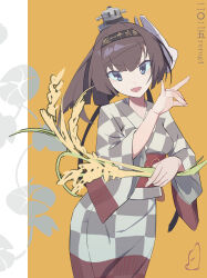1girl akizuki_(kancolle) akizuki_(yukata)_(kancolle) black_hair black_headband breasts fox_mask fox_shadow_puppet hachimaki hashtag-only_commentary headband highres holding holding_wheat japanese_clothes kantai_collection kimono long_hair looking_at_viewer mask mask_on_head open_mouth ponytail rerog sash simple_background small_breasts solo wheat wide_sleeves yukata