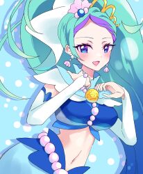 1girl absurdres arm_warmers blue_eyes blue_hair bow breasts brooch cure_mermaid earrings gem go!_princess_precure highres jewelry kaidou_minami long_dress long_hair looking_at_viewer magical_girl medium_breasts mermaid_dress midriff mikorin multicolored_hair navel open_mouth pearl_(gemstone) precure purple_hair shell shell_earrings shell_hair_ornament smile solo streaked_hair tiara two-tone_hair very_long_hair waist_bow