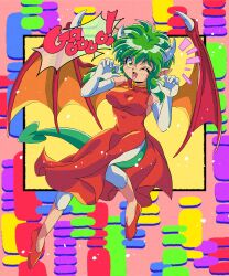 1990s_(style) 1girl absurdres breasts china_dress chinese_clothes draco_centauros dragon_tail dragon_wings dress elbow_gloves eyelashes full_body gao gloves green_hair highres horns large_breasts madou_monogatari one_eye_closed pants potiri02 puyopuyo red_dress red_wings retro_artstyle side_slit solo speech_bubble tail white_gloves white_horns white_pants wings yellow_eyes