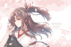 Rule 34 | 1girl, 2025, 702 (naotsu), blush, brown eyes, brown hair, character name, cherry blossoms, hachimaki, hair between eyes, happy birthday, headband, highres, japanese clothes, kantai collection, long hair, looking at viewer, muneate, petals, pinky out, ponytail, red ribbon, ribbon, smile, solo, string, string of fate, upper body, zuihou (kancolle)