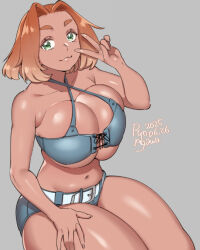 1girl agawa_ryou armpit_crease artist_name bad_link belt blue_bra bra breasts cleavage closed_mouth collarbone criss-cross_halter dark-skinned_female dark_skin dated front-tie_bra gradient_hair green_eyes grey_background hair_intakes halterneck hand_on_own_thigh hand_up light_smile looking_at_viewer multicolored_hair navel orange_hair original short_shorts shorts signature simple_background solo thick_eyebrows thick_thighs thighs undersized_breast_cup underwear v v_over_eye white_belt