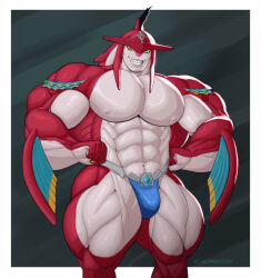 1boy abs artist_name bara bulge colored_skin feet_out_of_frame highres large_pectorals male_focus manly mature_male muscular muscular_male nintendo nipples no_pants no_shirt pectorals red_skin shredded_muscles sidon signature simple_background smirk solo sparkle square the_legend_of_zelda the_legend_of_zelda:_breath_of_the_wild thedarkdjin thick_arms thick_thighs thighs yellow_eyes