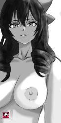 arue_(konosuba) breasts close-up eyeshadow greyscale highres kono_subarashii_sekai_ni_shukufuku_wo! looking_at_viewer makeup medium_breasts monochrome naughty_face nude sketch themaker twirling_hair