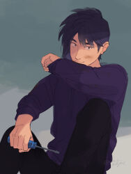 1boy arm_up asymmetrical_hair black_pants blue_hair closed_mouth dark_blue_hair drawstring highres holding holding_screwdriver hood hoodie knees_up long_sleeves looking_to_the_side male_focus mono_progress pants purple_hoodie screwdriver sebastian_(stardew_valley) sideways_glance sitting smile solo stardew_valley wiping_face