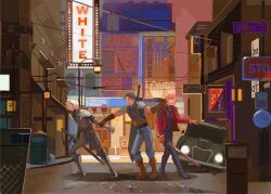 Rule 34 | 3boys, aged down, angeal hewley, billboard, black hair, blue eyes, building, buster sword, car, city, city lights, cityscape, final fantasy, final fantasy vii, final fantasy vii ever crisis, genesis rhapsodos, grey hair, highres, holding, holding sword, holding weapon, katsudon0024, male focus, motor vehicle, multiple boys, night, open mouth, outdoors, power lines, road, road sign, sephiroth, sephiroth (ever crisis), shirt, short hair, sign, smile, standing, stop sign, street, sword, weapon