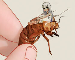1girl 1other black_eyes blush bug cicada close-up dress highres hugging_own_legs insect io_(onisarashi) knees_up mini_person minigirl no_nose original shedding sitting white_background white_dress white_hair