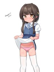 1girl absurdres black_hair blue_dress braid brown_eyes clothes_lift dated diagonal-striped_clothes diagonal-striped_necktie dress dress_lift feet_out_of_frame grey_sailor_collar highres kantai_collection looking_at_viewer maru_(marg0613) necktie one-hour_drawing_challenge panties pink_panties ribbon sailor_collar short_hair short_hair_with_long_locks side_braids simple_background solo striped_clothes striped_necktie thighhighs twitter_username ukuru_(kancolle) underwear white_background white_thighhighs yellow_ribbon