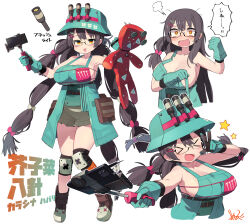 Rule 34 | &gt; &lt;, 1girl, absurdres, blush, breasts, brown footwear, brown hair, bucket hat, cellphone, character name, cleavage, clenched hand, collarbone, fang, flashlight, furigana, gloves, green gloves, green hat, hair ornament, hairclip, hat, highres, holding, holding stuffed toy, kamigakari (trpg), knee pads, kometsubu, large breasts, long hair, multi-tied hair, multiple views, open mouth, orange eyes, original, phone, puff of air, selfie stick, semi-rimless eyewear, sideboob, signature, skin fang, smartphone, speech bubble, star (symbol), strap break, stuffed toy, sweat, tearing up, two-finger handjob, under-rim eyewear, underbust, very long hair, white background