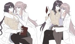 2girls absurdres black_pantyhose blue_eyes blue_hair book brown_hair brown_sweater closed_mouth coat glasses grey_skirt hair_bun hand_on_another&#039;s_chin hand_on_another&#039;s_waist herta_(honkai:_star_rail) highres holding holding_book honkai:_star_rail honkai_(series) id_card lab_coat long_hair long_sleeves multicolored_hair multiple_girls pantyhose parted_lips purple_eyes purple_nails ribbed_sweater ruan_mei_(honkai:_star_rail) simple_background sitting sitting_on_lap sitting_on_person skirt smile streaked_hair sweater voaxnvoa white_background white_coat yuri