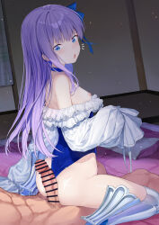 1boy 1girl ass back bare_shoulders blue_eyes blue_ribbon blush breasts censored choker clothed_female_nude_male coffeekite erection fate/grand_order fate_(series) frills girl_on_top hair_ribbon hetero highleg highleg_one-piece_swimsuit highres long_hair long_sleeves looking_back meltryllis meltryllis_(fate) meltryllis_(swimsuit_lancer)_(fate) meltryllis_(swimsuit_lancer)_(second_ascension)_(fate) nipples nude off-shoulder_one-piece_swimsuit off_shoulder one-piece_swimsuit open_mouth penis prosthesis prosthetic_leg puffy_sleeves purple_hair ribbon sleeves_past_fingers sleeves_past_wrists small_breasts straddling swimsuit thighs very_long_hair white_ribbon