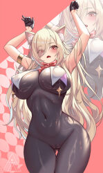 1girl animal_ear_fluff animal_ears armlet armpits arms_up artist_logo black_gloves blonde_hair bodystocking bow bowtie breast_curtains breasts cameltoe character_request commission copyright_request covered_navel eyelashes eyes_visible_through_hair fang gloves gluteal_fold hair_over_one_eye highres jewelry logo long_hair mad_kimo open_mouth red_bow red_bowtie red_eyes thigh_gap