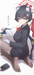 Rule 34 | 1girl, absurdres, animal ear fluff, animal ears, bei qi, black hair, black hat, black jacket, black skirt, blue archive, breasts, brown pantyhose, closed mouth, commentary request, feet, flower, garrison cap, grey background, grey eyes, hair flower, hair ornament, halo, hat, highres, jacket, large breasts, looking at viewer, looking back, no shoes, pantyhose, red flower, seiza, short hair, simple background, sitting, skirt, soles, solo, toe seam, toes, torn clothes, torn pantyhose, translation request, tsubaki (blue archive), tsubaki (guide) (blue archive), walkie-talkie, white flower