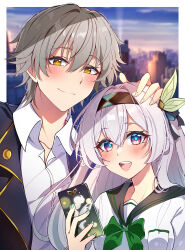 1boy 1girl absurdres black_coat black_ribbon black_sailor_collar blush brown_hairband caelus_(honkai:_star_rail) cellphone cityscape coat collared_shirt firefly_(honkai:_star_rail) gradient_eyes green_neckerchief green_pupils grey_hair hair_between_eyes hair_intakes hair_ornament hair_ribbon hairband hand_on_another&#039;s_head highres holding holding_phone honkai:_star_rail honkai_(series) midori_(midori13579) multicolored_eyes nail_polish neckerchief open_clothes open_coat open_mouth phone ribbon sailor sailor_collar shirt smartphone smile teeth trailblazer_(honkai:_star_rail) upper_teeth_only white_shirt yellow_eyes
