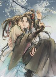 2boys ahoge black_boots black_hair black_hanfu boots branch brown_hair carrying chinese_clothes closed_eyes closed_mouth couple dated falling_petals floating_hair flower hair_flower hair_ornament hair_ribbon hanfu happy_birthday headband highres kiss kissing_cheek lan_wangji long_hair long_sleeves male_focus modao_zushi multiple_boys petals ponytail princess_carry red_flower red_ribbon ribbon robe sidelocks sleeves_past_wrists smile standing topknot tree twitter_username w2biiro watermark wei_wuxian white_flower white_hanfu white_headband wide_sleeves xiao_guan_(headdress) yaoi yellow_eyes