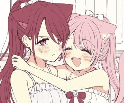 2girls :d ^_^ animal_ear_fluff animal_ears bare_shoulders blush bow cat_ears cat_girl cat_tail closed_eyes closed_mouth collarbone commentary_request curtains dress frilled_dress frills fushigi_na_neko_no_machi_meltier hair_bow hair_over_one_eye indoors moco_(fushigi_na_neko_no_machi_meltier) multiple_girls nagi_(fushigi_na_neko_no_machi_meltier) open_mouth pink_hair red_bow red_eyes red_hair sakura_oriko sleeveless sleeveless_dress smile tail upper_body v-shaped_eyebrows white_bow