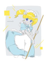 1girl android apron blonde_hair blue_eyes bow commentary_request dress drill frills highres juliet_sleeves lil_miss_marshmallow long_hair long_sleeves maid maid_headdress mother_(series) mother_3 nintendo open_mouth pantyhose puffy_sleeves quiff robot_girl shoes solo washimi